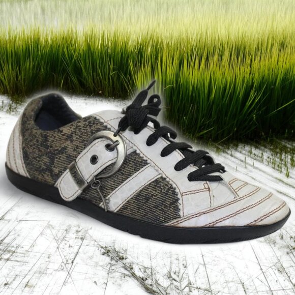 Christian Dior Taupe White Croc Distressed Canvas Lace-Up Low Profile Sneaker - Picture 1 of 11